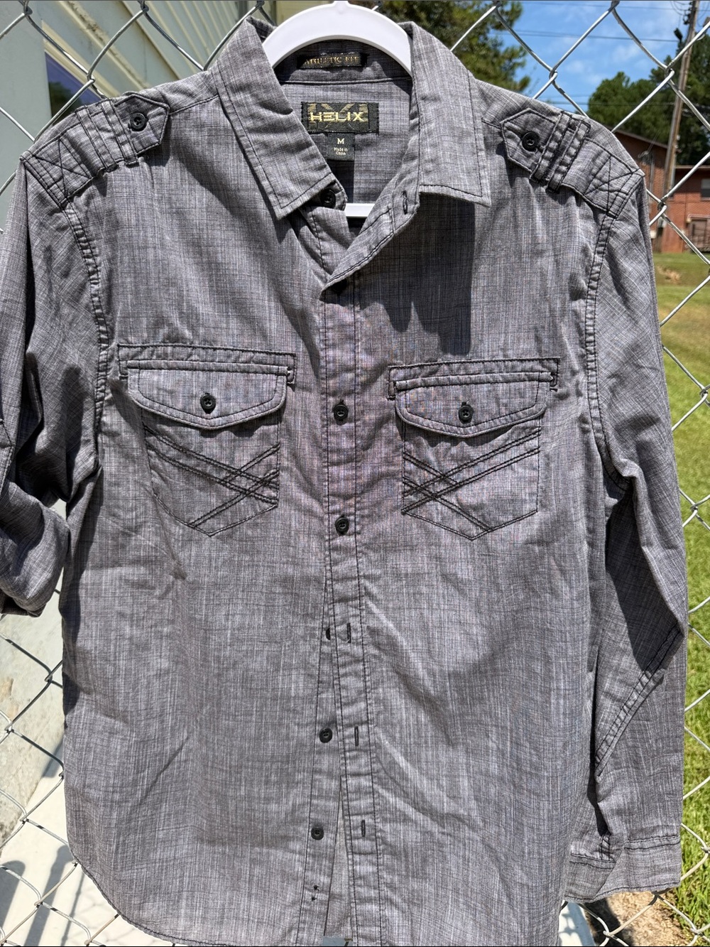 Helix Men’s Gray Casual Button-Down Shirt with Chest Pockets